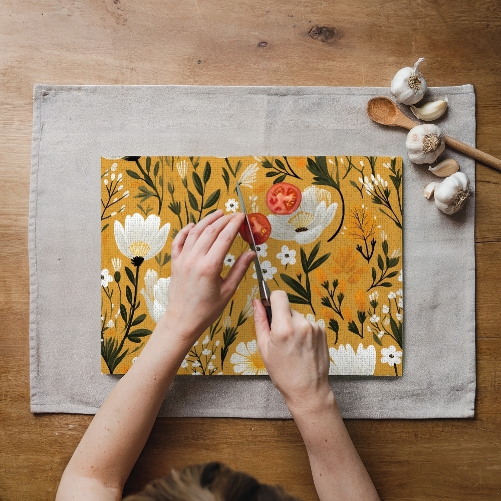 Floral Cutting Board with White and Green Design Yellow Background 11in X 8in